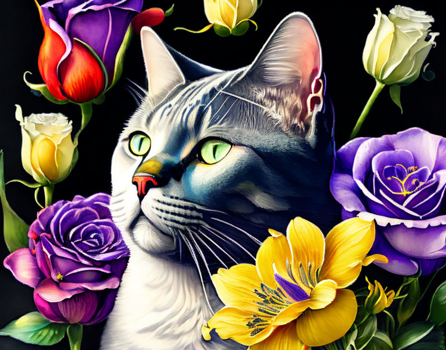 White and Grey Cat Among Colorful Flowers on Dark Background