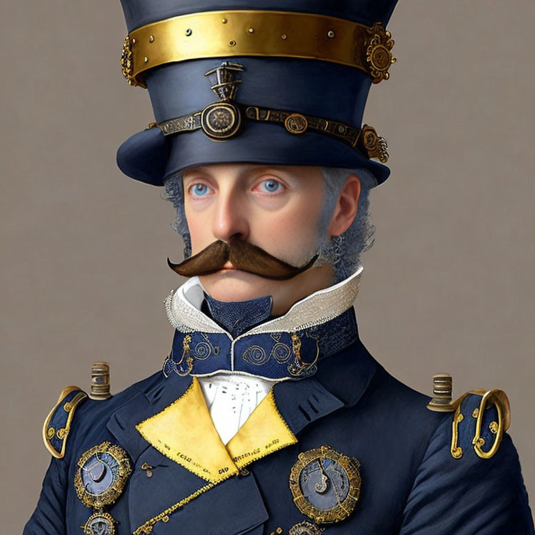 Steampunk-style person with tall hat, gears, moustache, blue eyes on grey backdrop