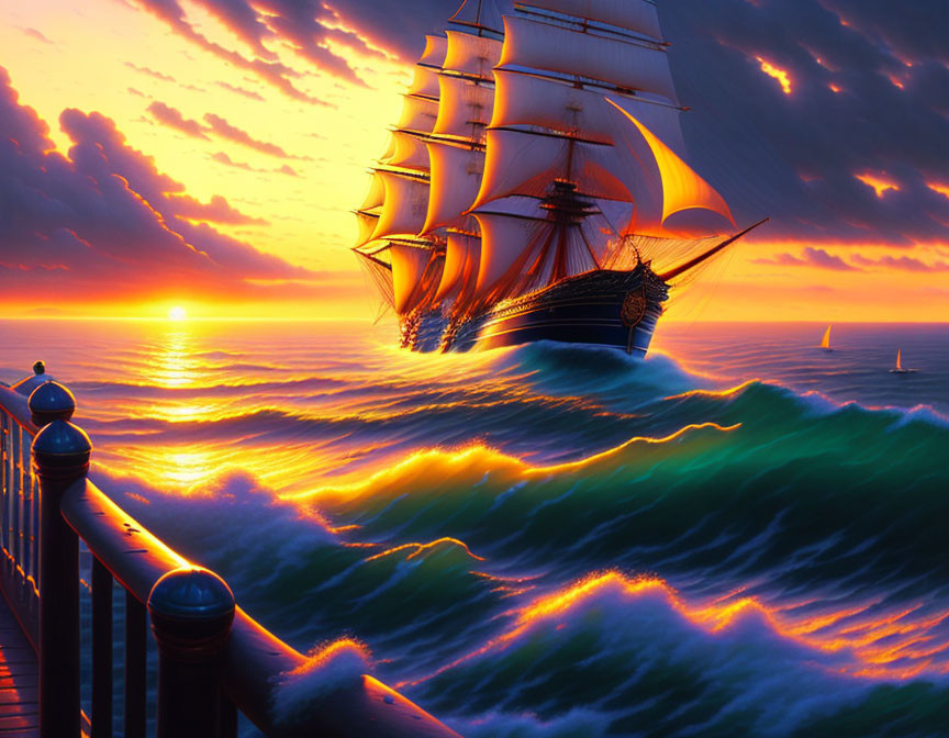 Tall Ship Sailing on Glowing Turbulent Seas at Sunset