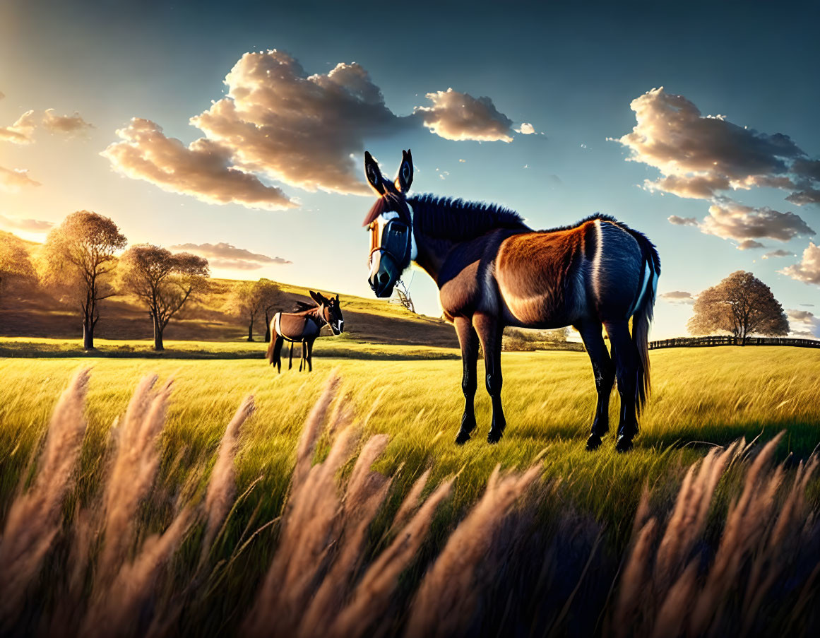 Two donkeys in serene field at sunset.