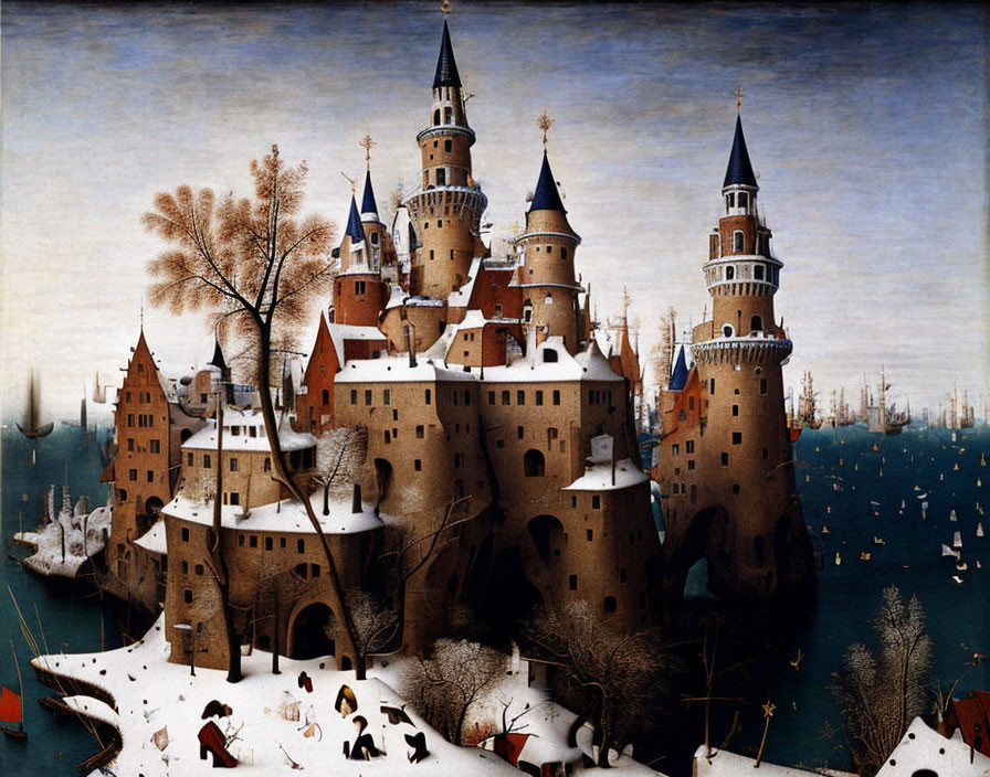 Detailed painting: Grand medieval castle in winter with ice-skating figures and boats on frozen moat