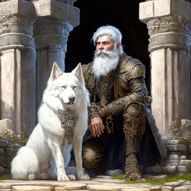 Elderly man in medieval armor with white wolf-like dog by stone pillars