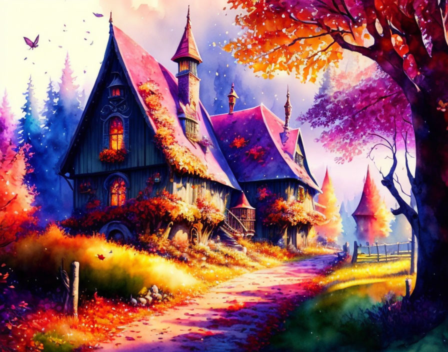 Whimsical cottage in autumn forest with butterfly-filled sky