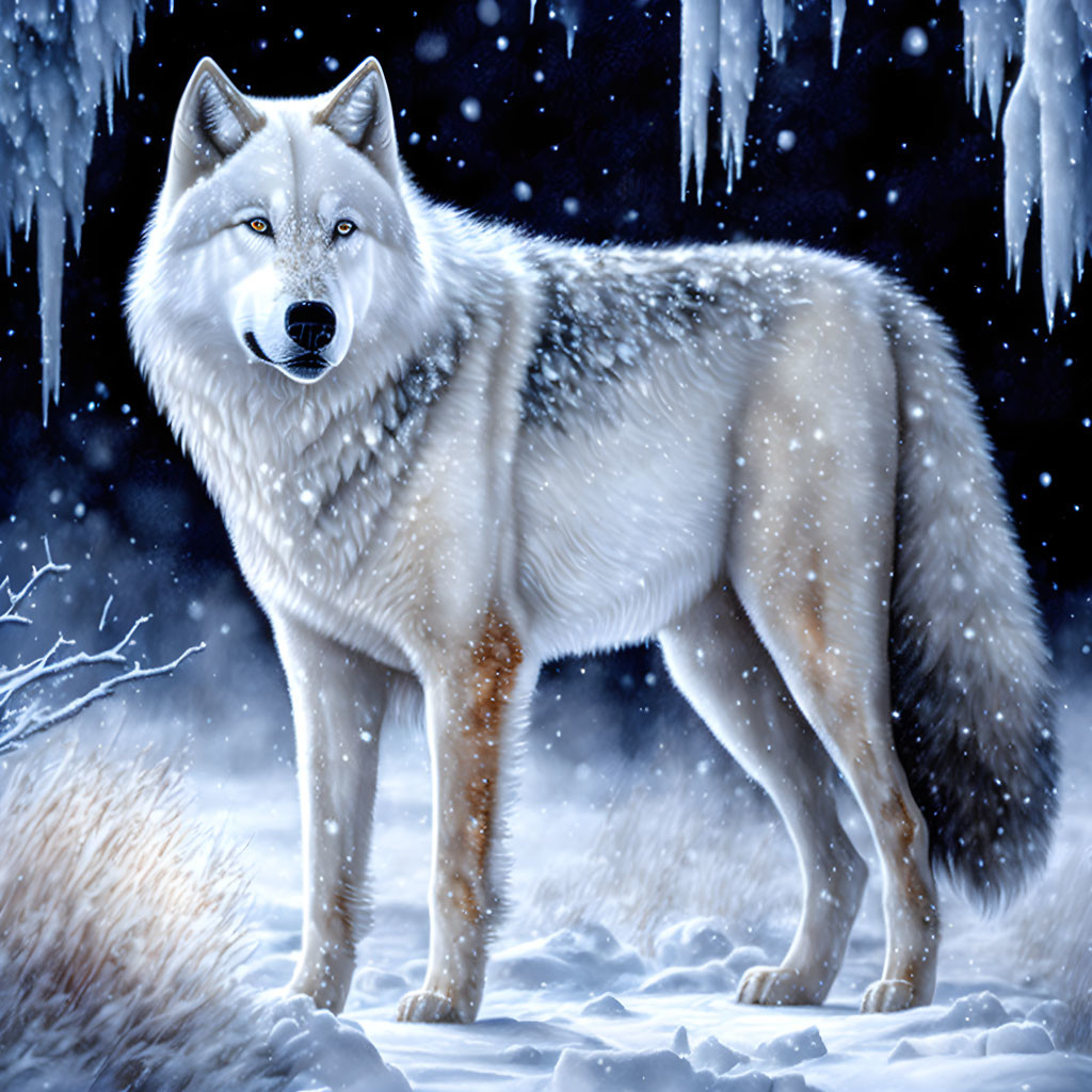 Majestic white wolf in snowy landscape under starry sky