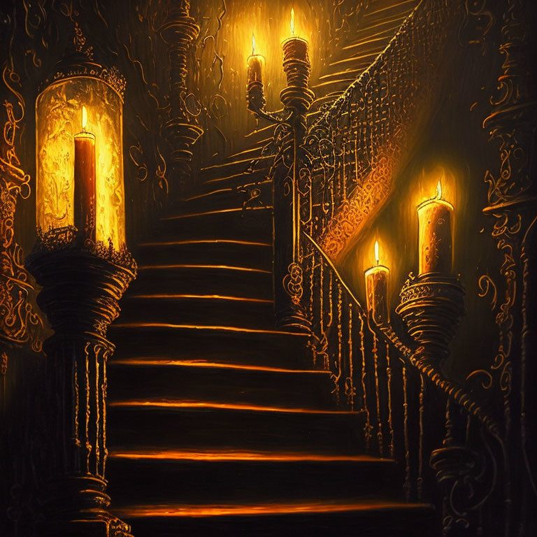 Ornate staircase illuminated by glowing candles