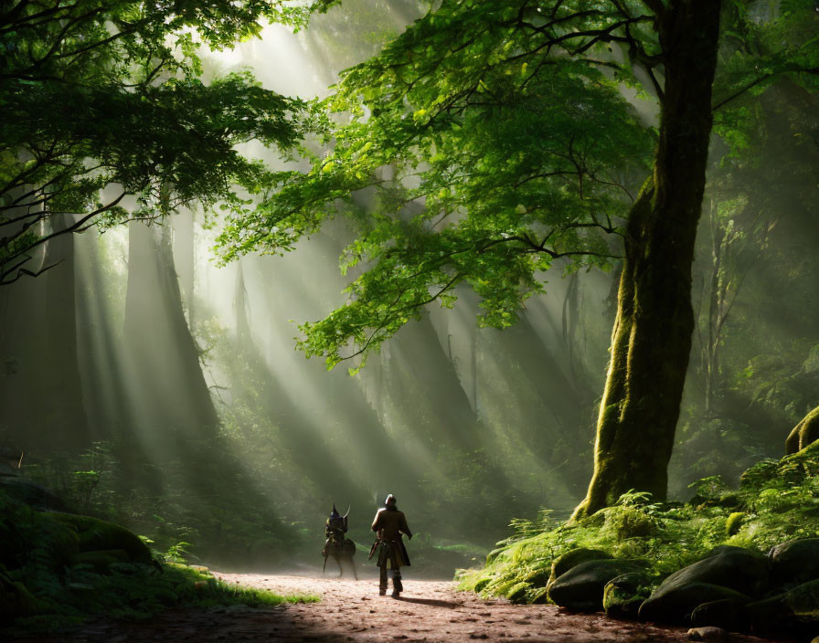 Medieval attired pair walking in misty sunbeam forest