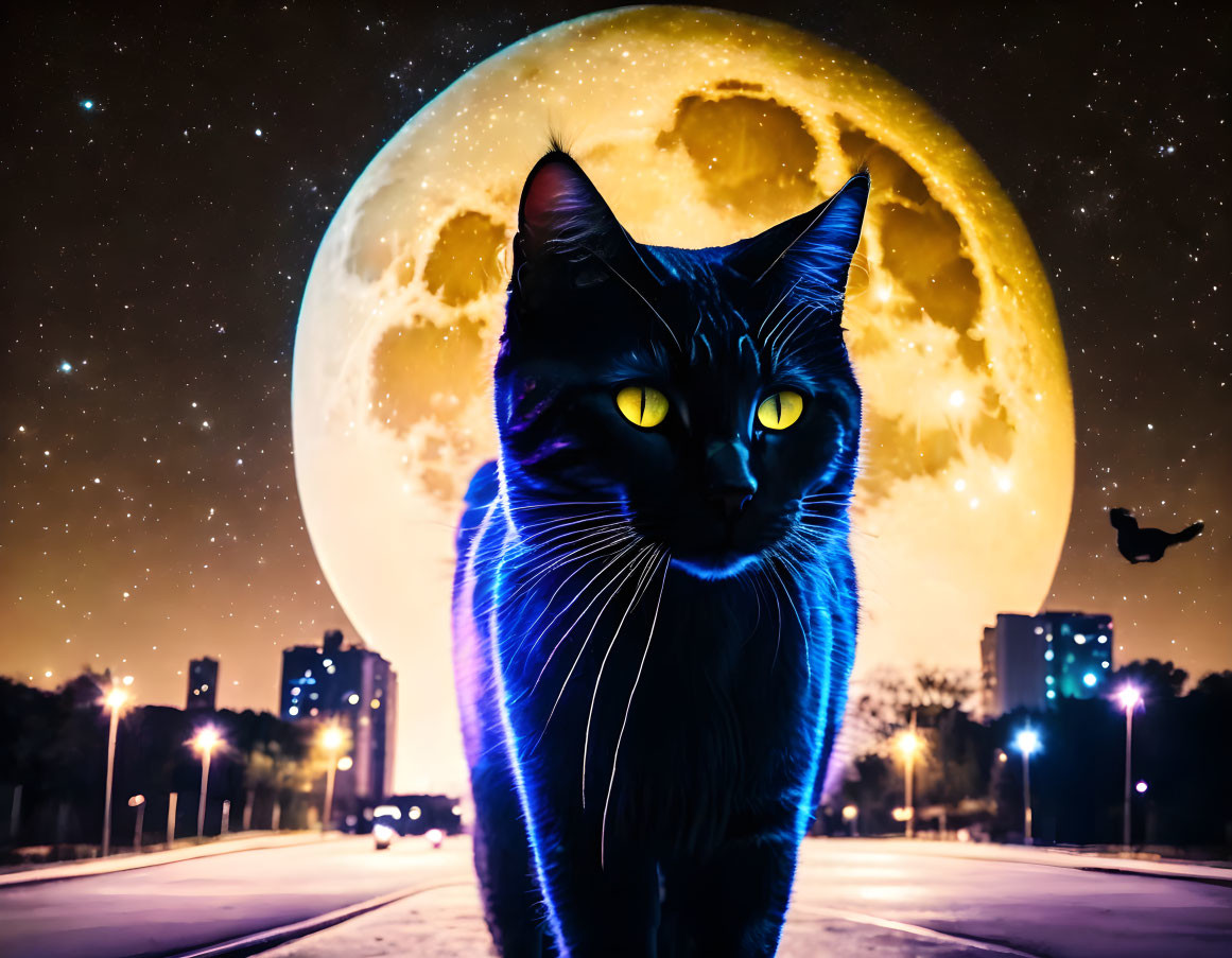 Black Cat with Glowing Edges Under Yellow Moon and Stars