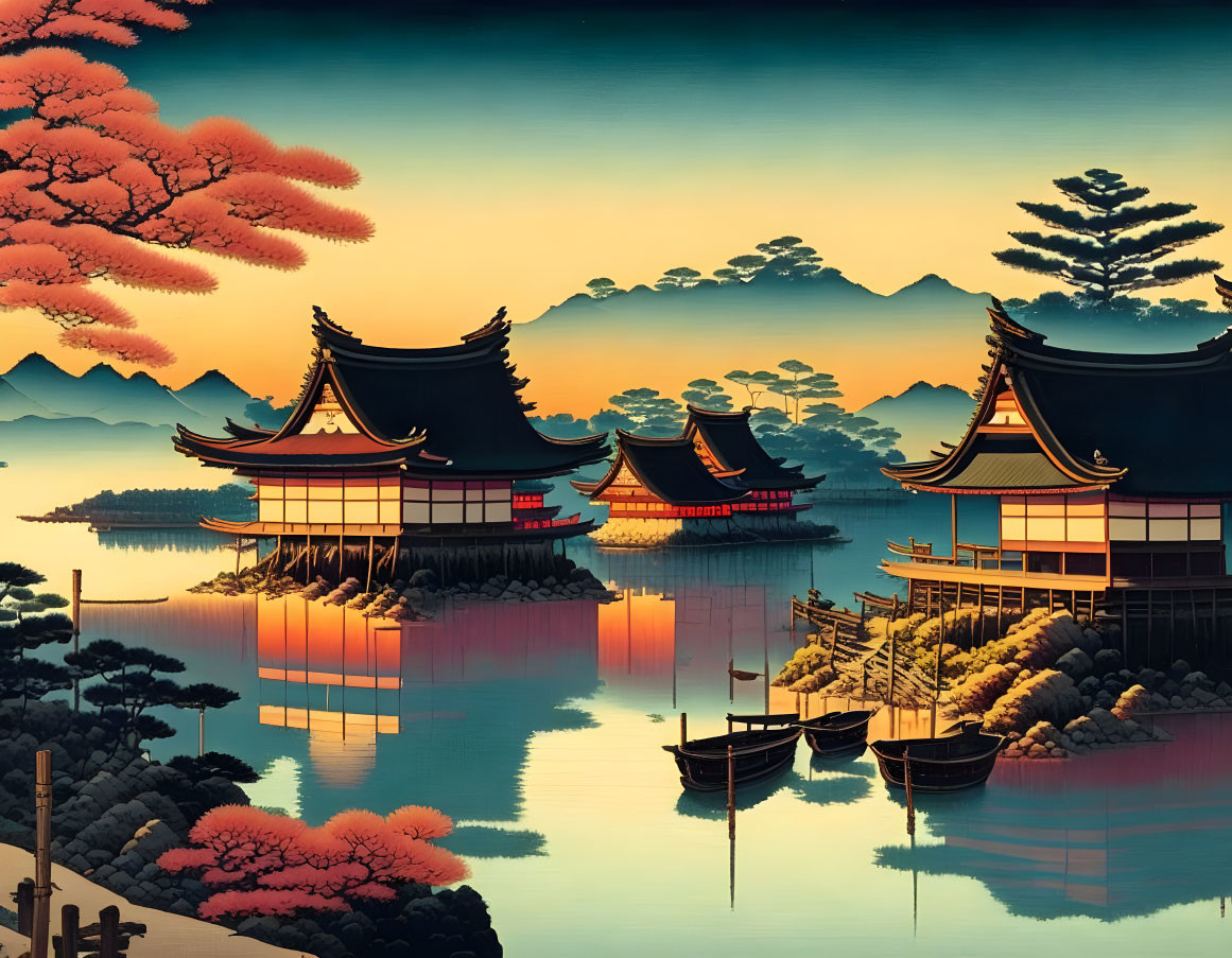 Japanese Traditional Buildings by Tranquil Lake with Cherry Blossoms, Boats, & Mountains at Sunrise/S