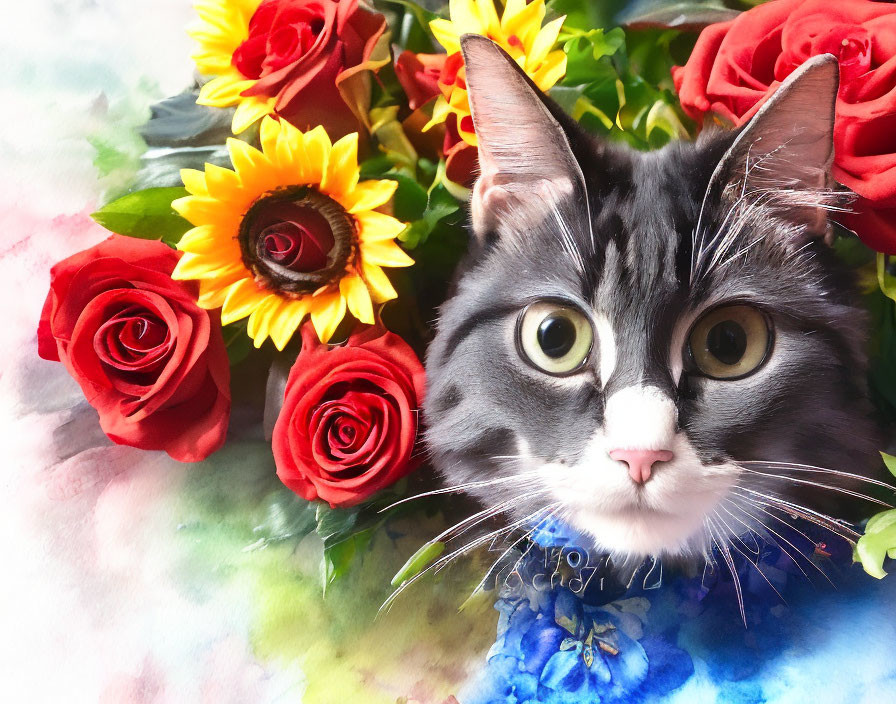 Grey and White Cat Surrounded by Colorful Flowers on Pastel Background