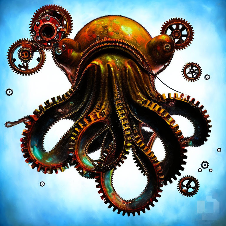 Steampunk octopus art with metallic texture and gears on blue background