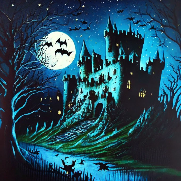 Gothic castle at night: full moon, bats, bare trees, starry sky