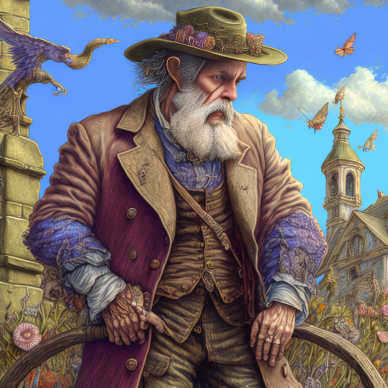 Elderly gentleman with white beard, hat, and purple jacket in cityscape illustration