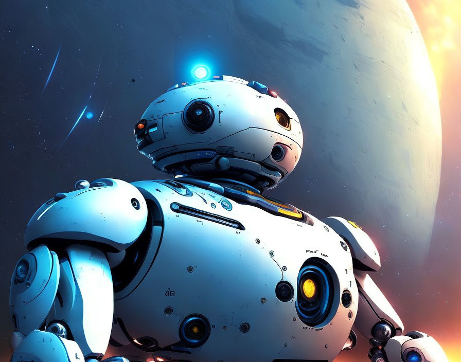 Futuristic white and blue robot against planet and space