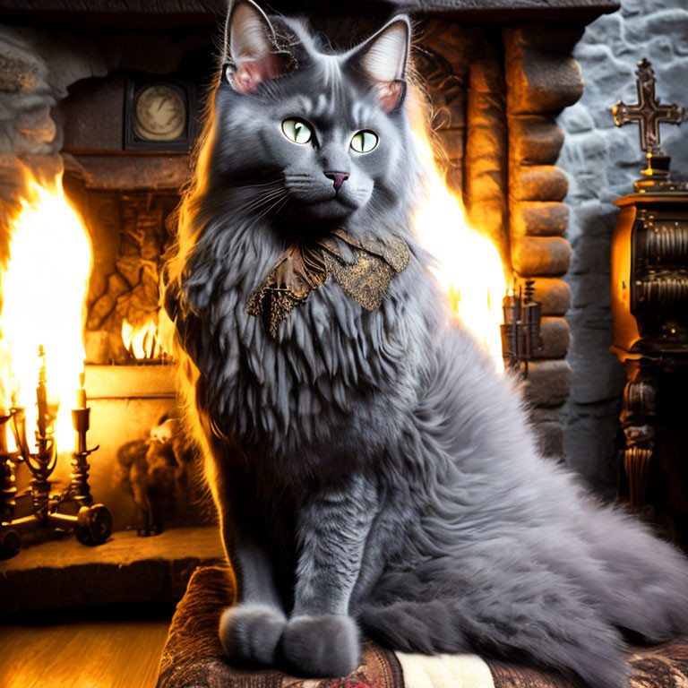 Long-haired grey cat with green eyes in bow tie by fireplace & candles