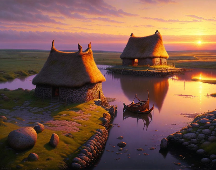 Thatched-roof cottages by serene lakeside at sunset