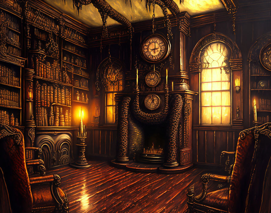 Victorian study with wood-paneled walls, bookshelves, clock, fireplace, vintage furniture