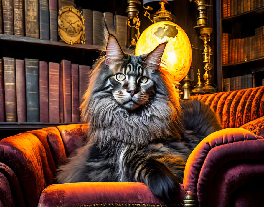 Majestic Maine Coon Cat on Orange Armchair with Books, Globe, and Clock