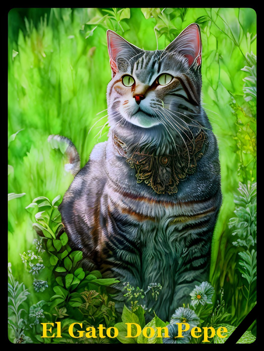 Tabby cat with green eyes wearing decorative collar in elegant pose on lush green background.