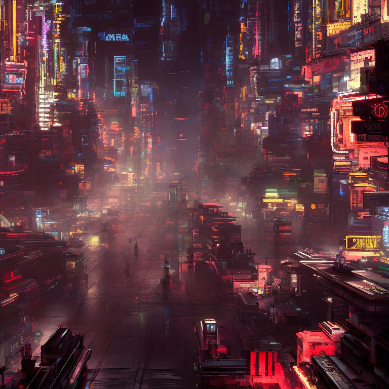 Neon-lit cyberpunk cityscape with skyscrapers and billboards