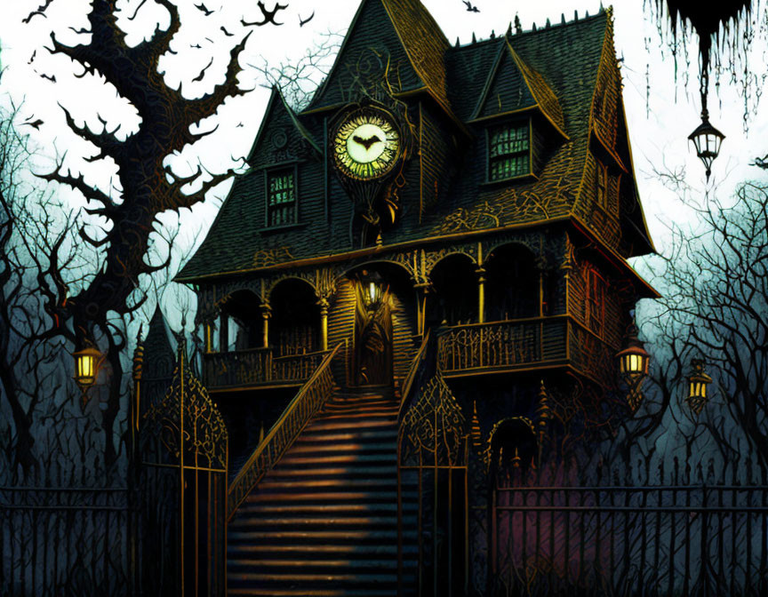 Victorian mansion at night with lit porch, silhouette trees, clock, iron fence