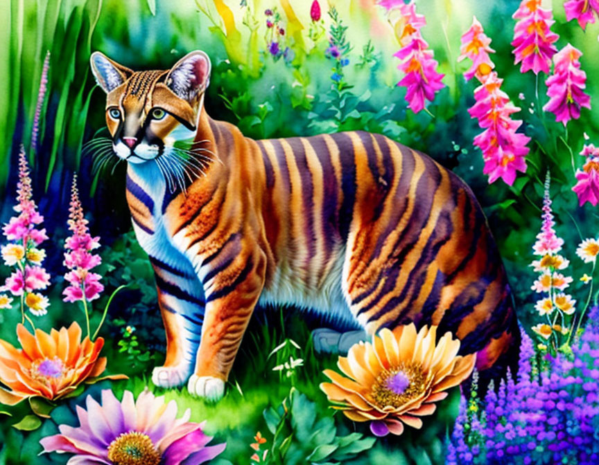 Colorful Tiger Illustration in Lush Garden