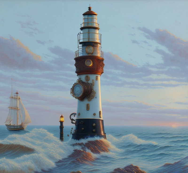 Clockwork lighthouse and sailing ship in ocean sunset