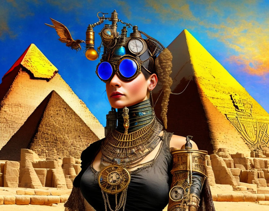 Steampunk-styled woman with blue goggles and mechanical arm near pyramids