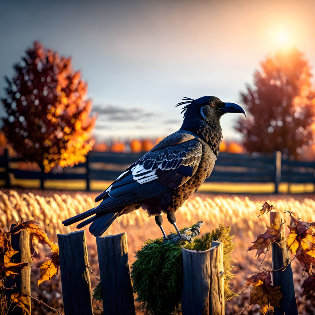 Raven on mossy fence post with autumn foliage and warm sunset