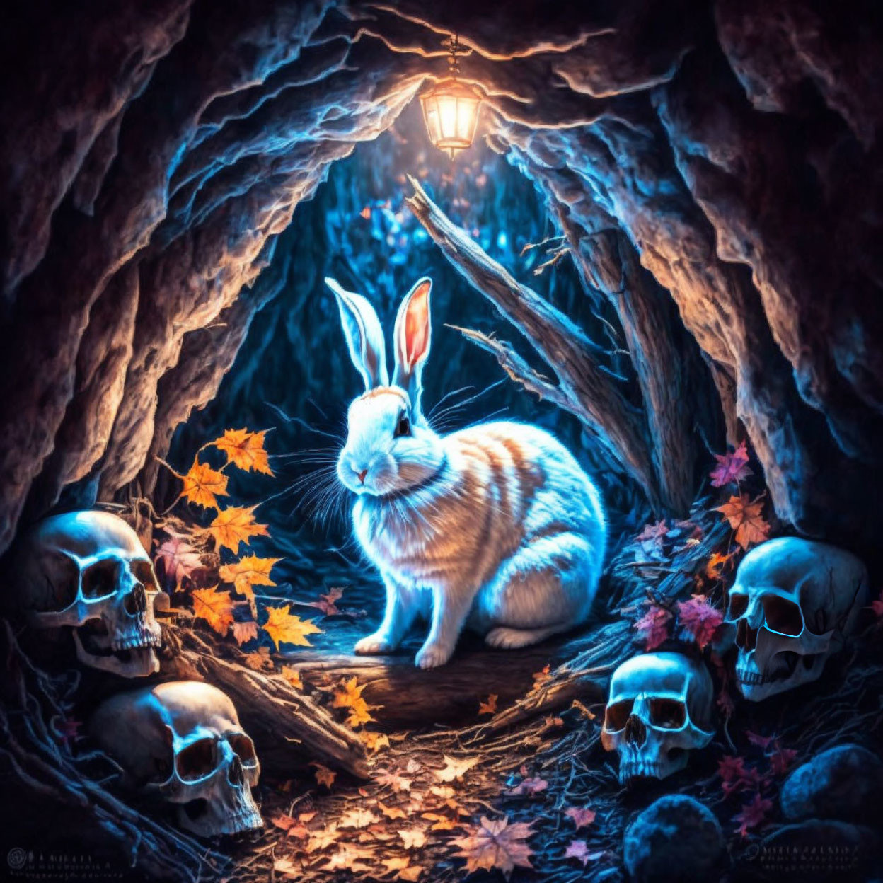 Luminous rabbit under lantern in dark hollow with autumn leaves and human skulls