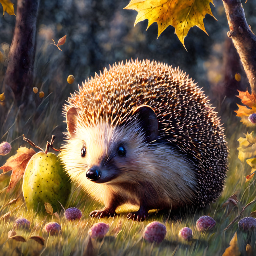 Illustrated hedgehog in autumn setting with warm glow