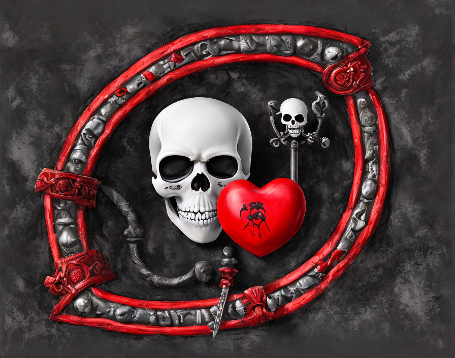 Stylized skull and heart with vine on dark background