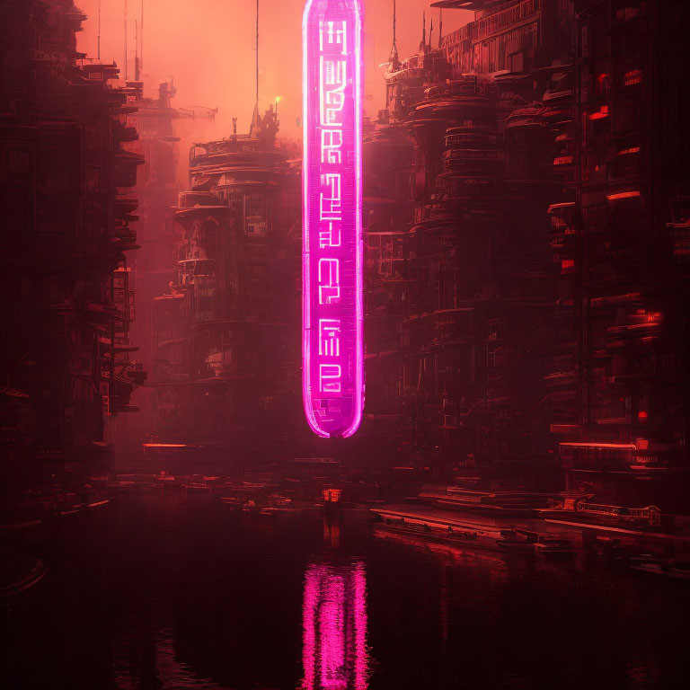 Futuristic neon-lit cityscape with towering buildings and red haze.