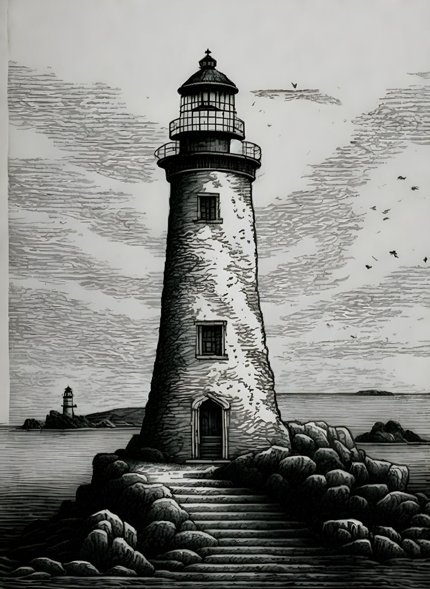 Illustrated lighthouse on rocky shoreline with birds and cloudy sky