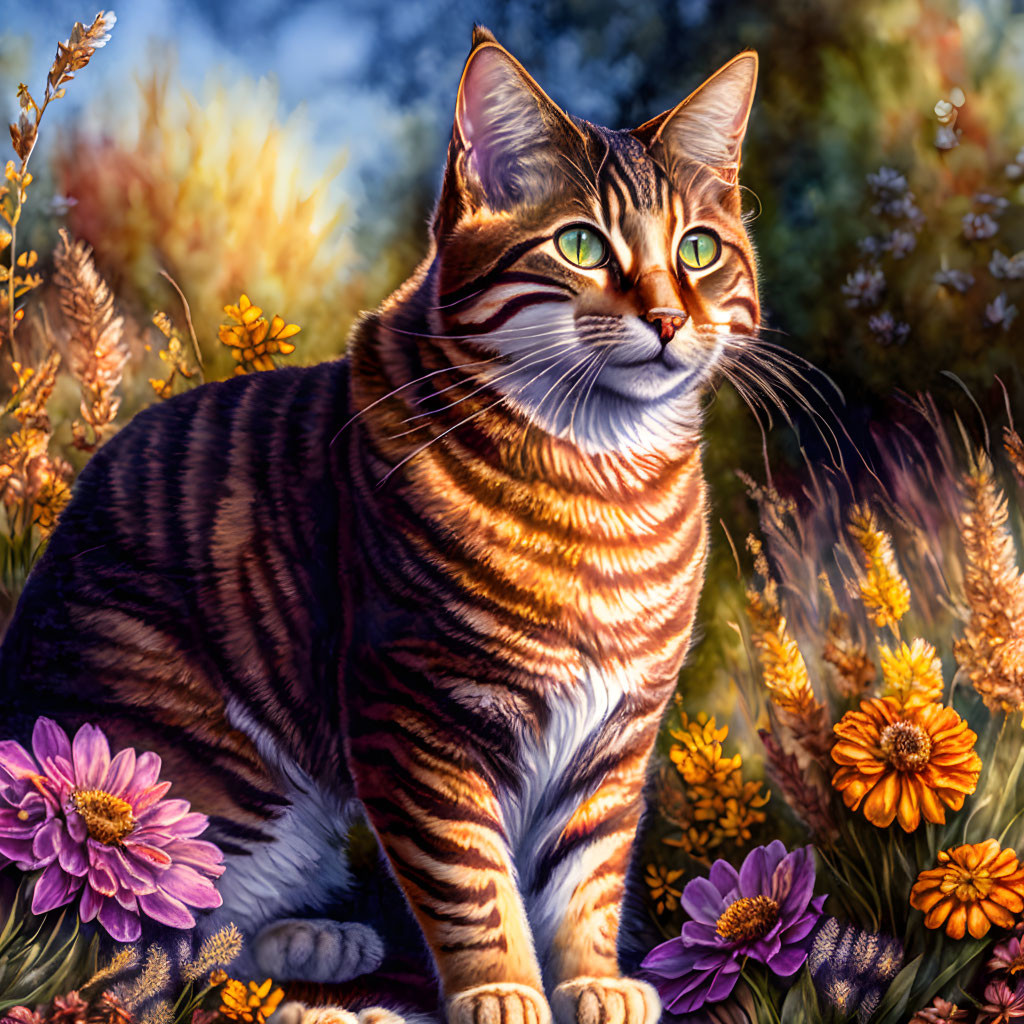 Detailed painting of striped cat in vibrant floral setting