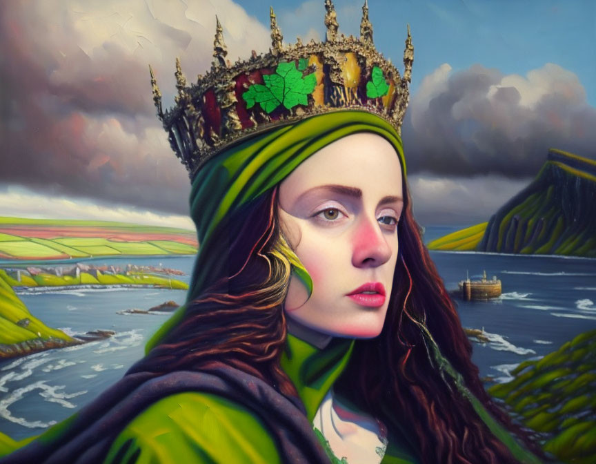 Regal woman with crown and velvety cloak overlooking coastal landscape