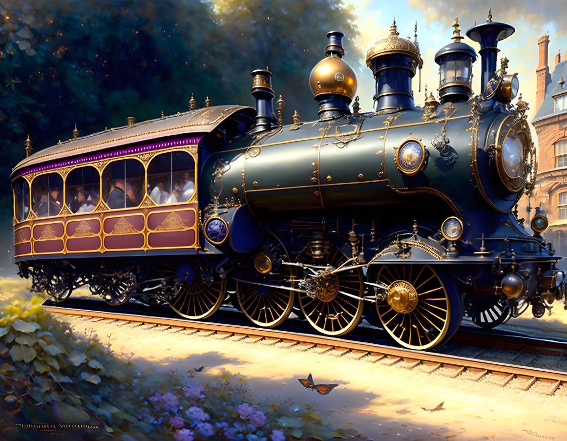 Vintage Steam Locomotive with Gold Detailing and Purple Accents on Tracks in Warmly Lit Setting