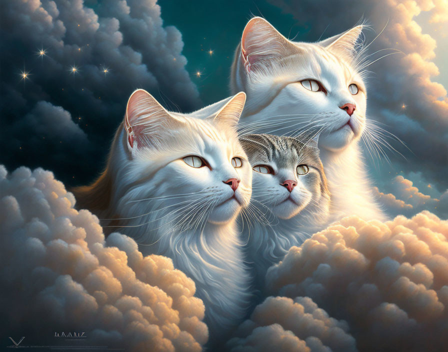 Celestial cats on dreamy cloudscape with twinkling stars