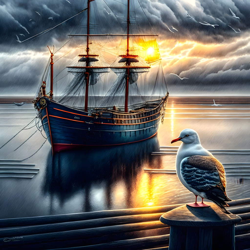 Seagull on dock post with sailing ship at sunset