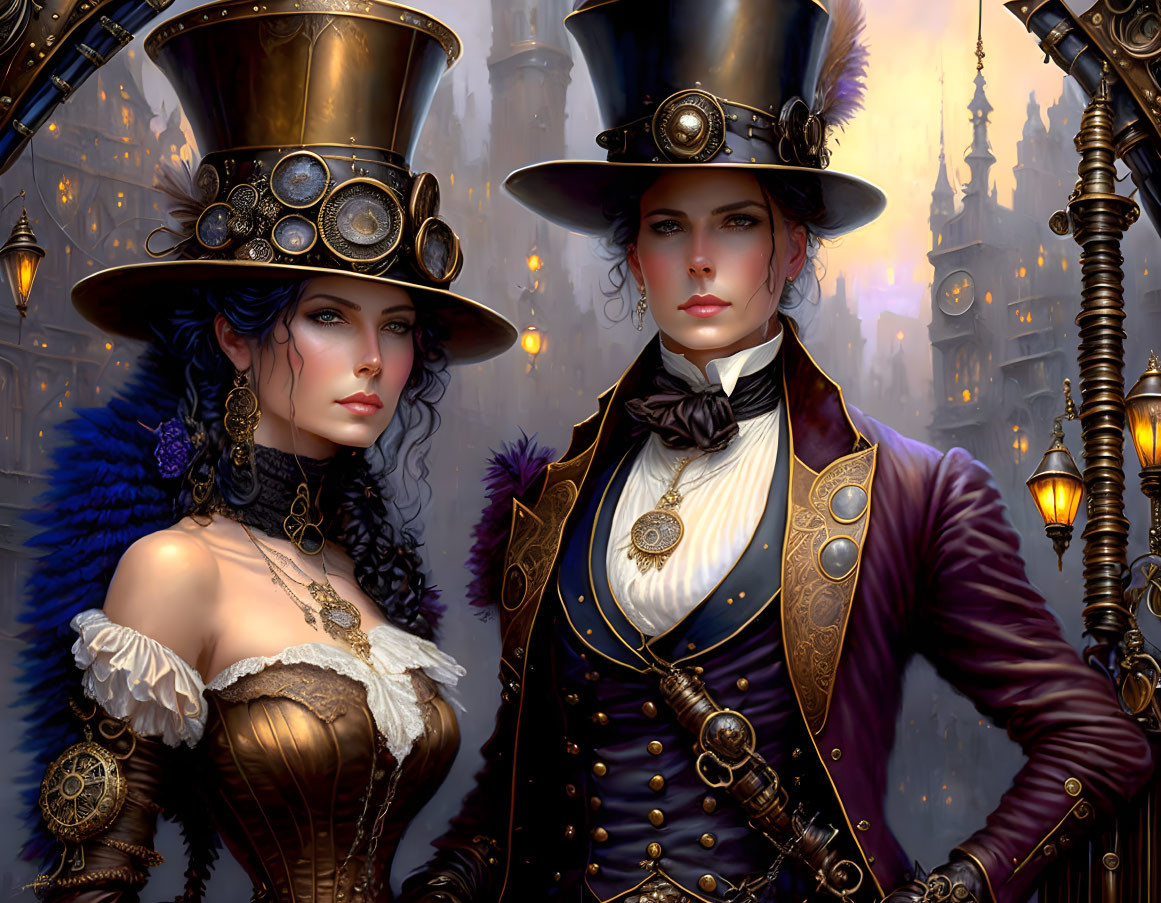 Steampunk-themed duo with top hats and goggles in front of a fantastical cityscape