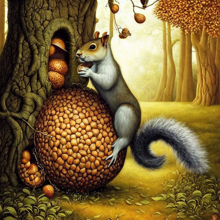 Squirrel with acorns in whimsical autumn forest