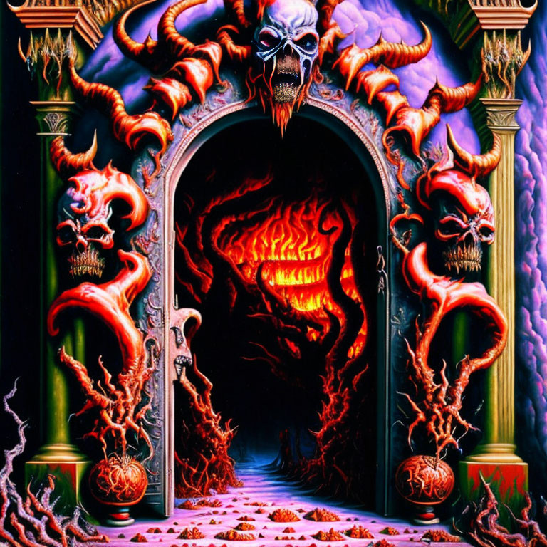 Fantastical image: Ornate doorway, fiery backdrop, skulls, creatures, tentacles