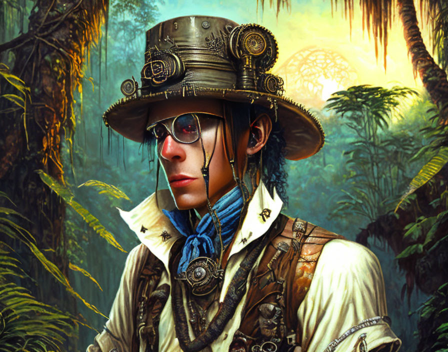 Steampunk adventurer in top hat and goggles explores lush jungle