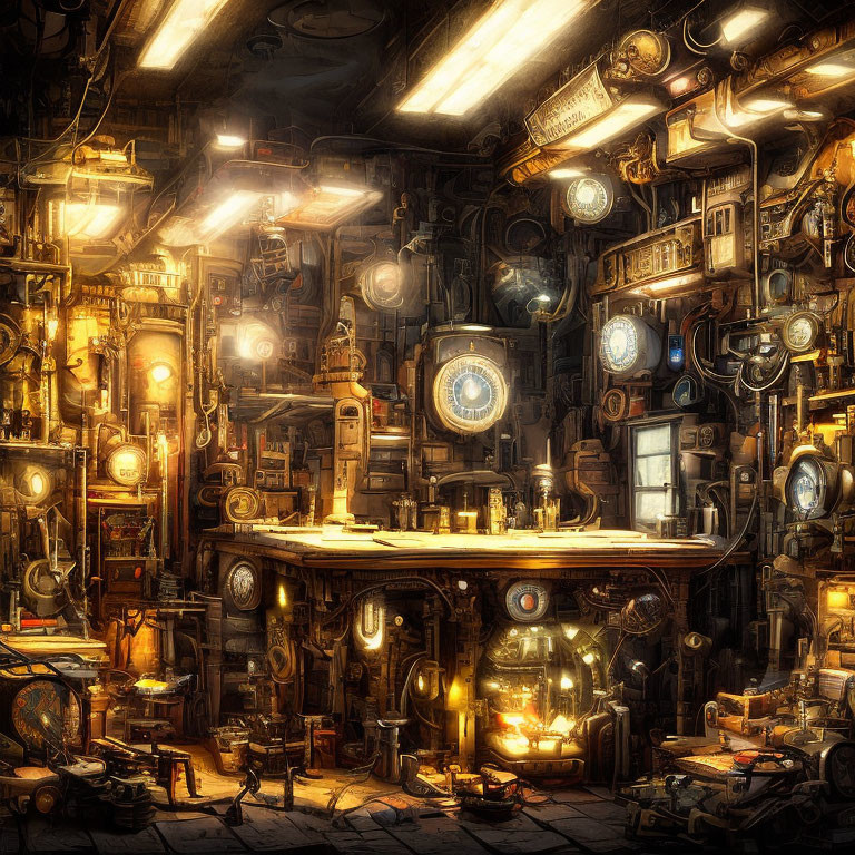 Detailed steampunk workshop with vintage machinery, cogs, bulbs, and clocks