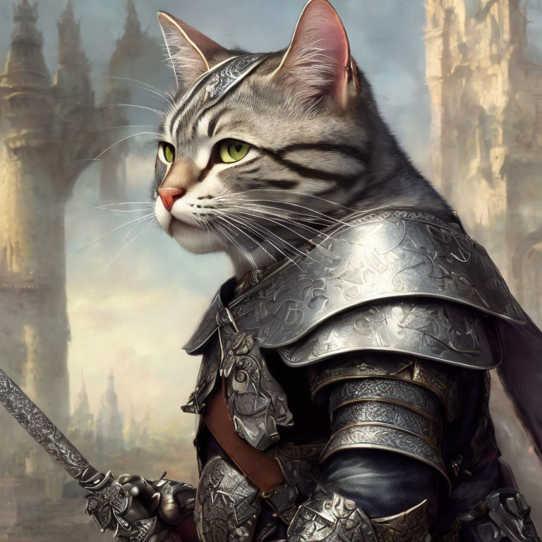 Digital artwork: Cat in medieval armor with sword, fantasy castles backdrop