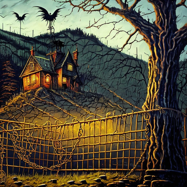 Victorian-style house at night with raven, barren tree, and witch weather vane