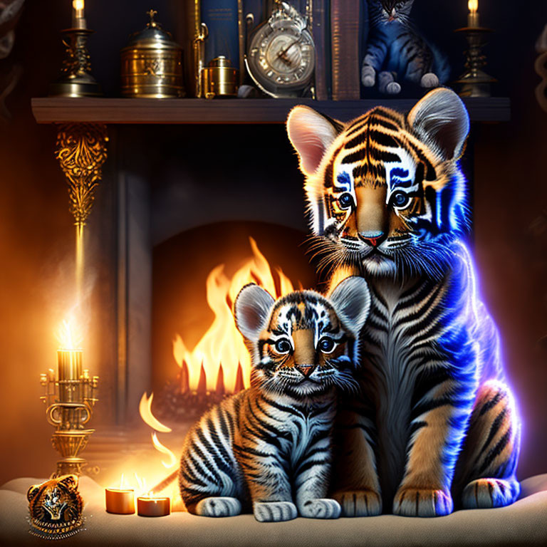 Regal tiger cubs with blue eyes by fireplace