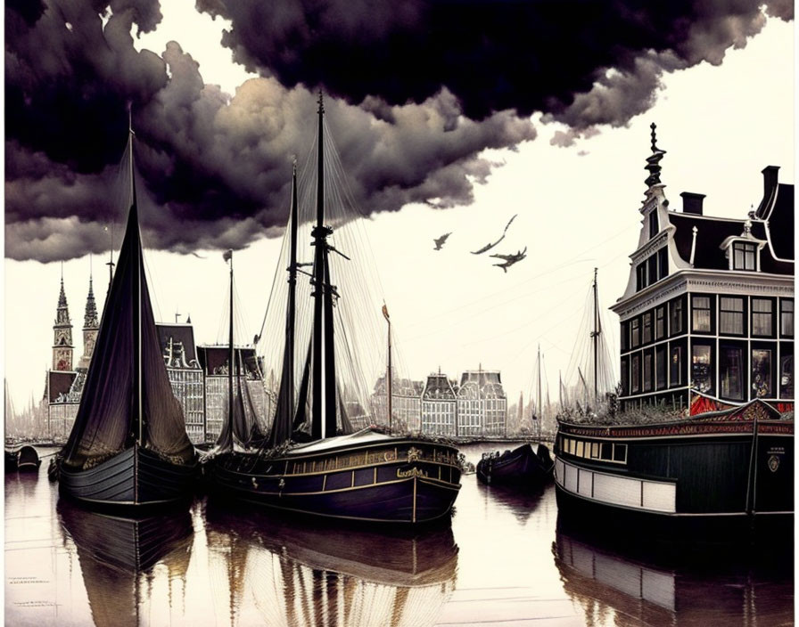 Monochromatic harborside scene with boats, buildings, and dramatic sky