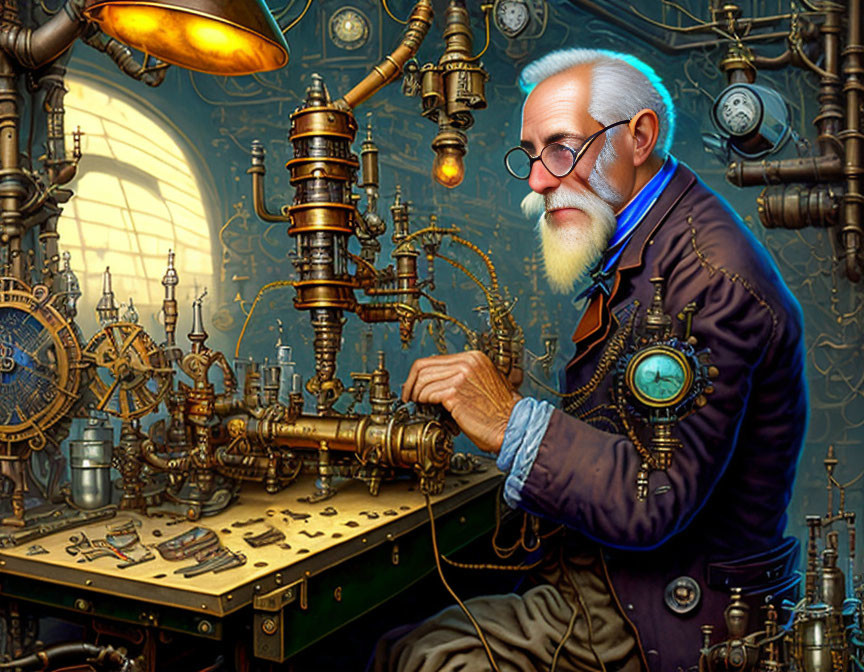 Elderly gentleman in steampunk attire operates brass machine in workshop