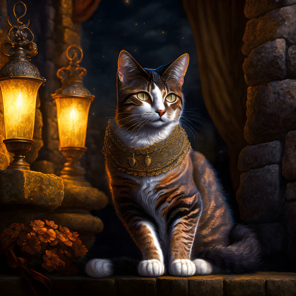 Majestic tabby cat with golden collar in nocturnal scene