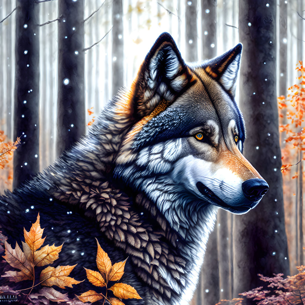 Detailed Wolf Illustration in Snowy Autumn Forest with Dense, Patterned Fur